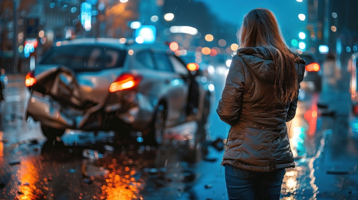 A woman in a winter jacket observes a rear ended car at night, with bokeh city lights illuminating the wet street